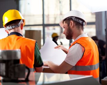 Two construction workers are seated and review plans