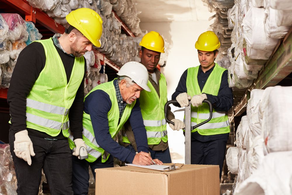 team of warehouse workers happily working together to complete a task