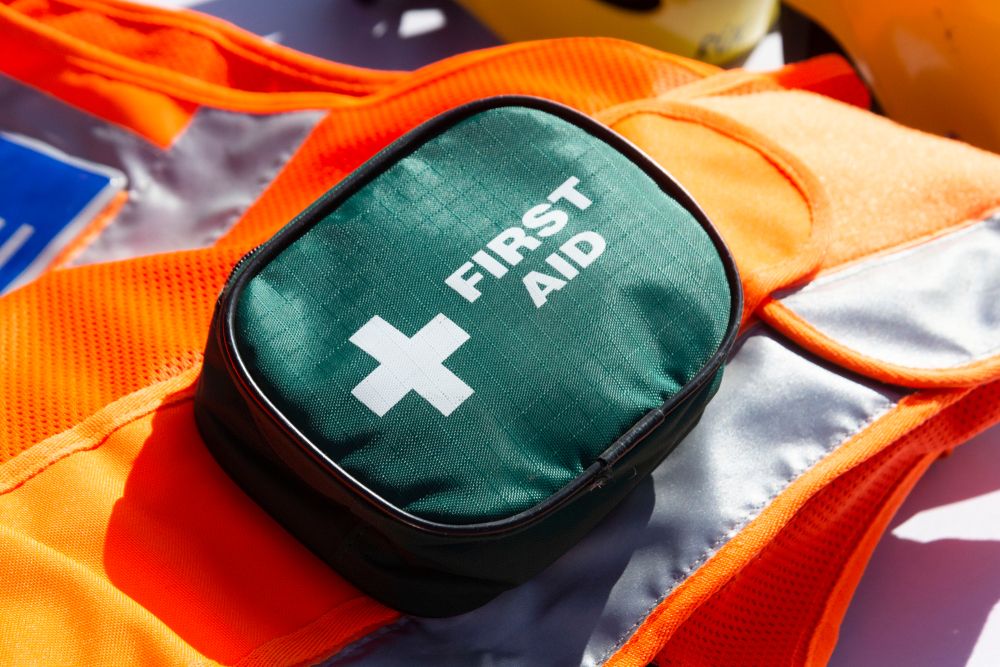 first aid kit attached to a construction safety vest