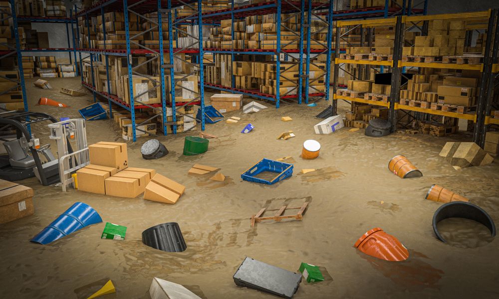 a flooded warehouse withdamaged items floating in the water