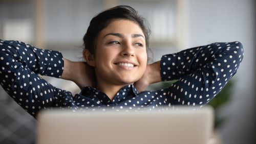 Happy,Satisfied,Indian,Woman,Rest,At,Home,Office,Sit,With - Workplace Mental Health