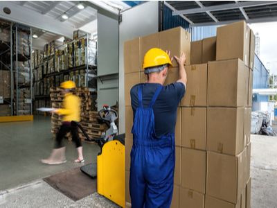 a worker safely lifts a box onto a stack