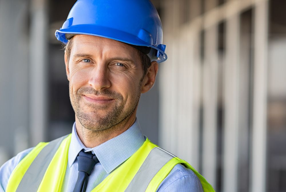 manager in vest and helmet at work site