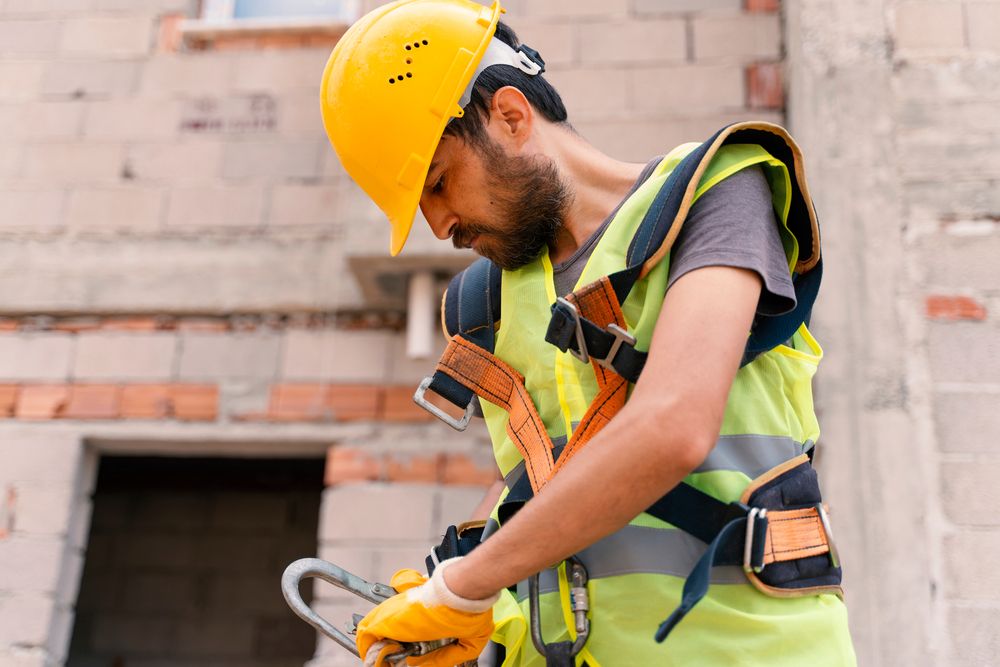 worker using fall arrest system gear