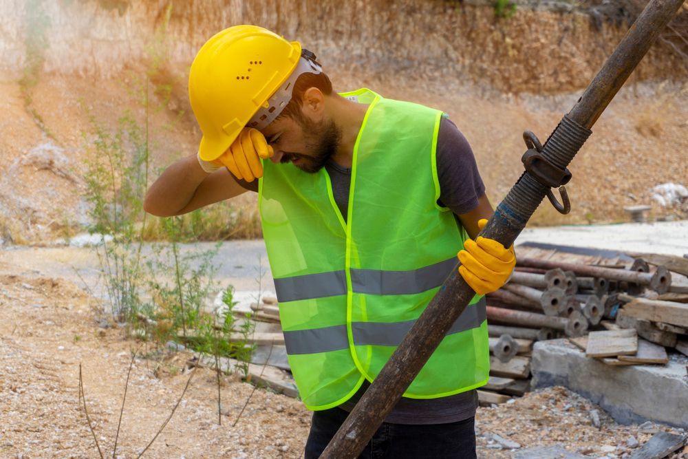 tired construction worker holding heavy material