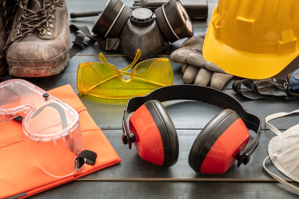PPE equipment laid out on a table that includes a helmet, headphones, gloves, and more