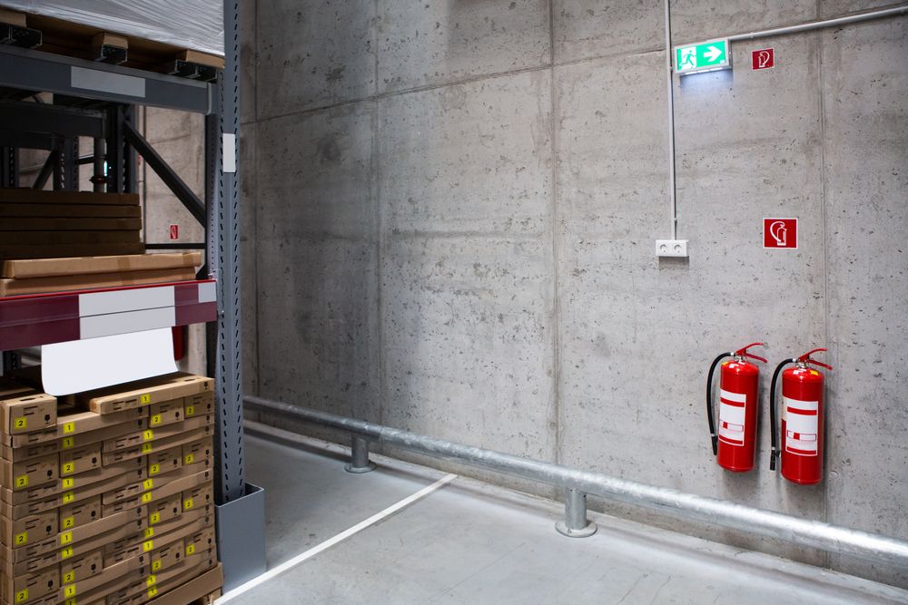 two fire extinguishers hanging on a wall