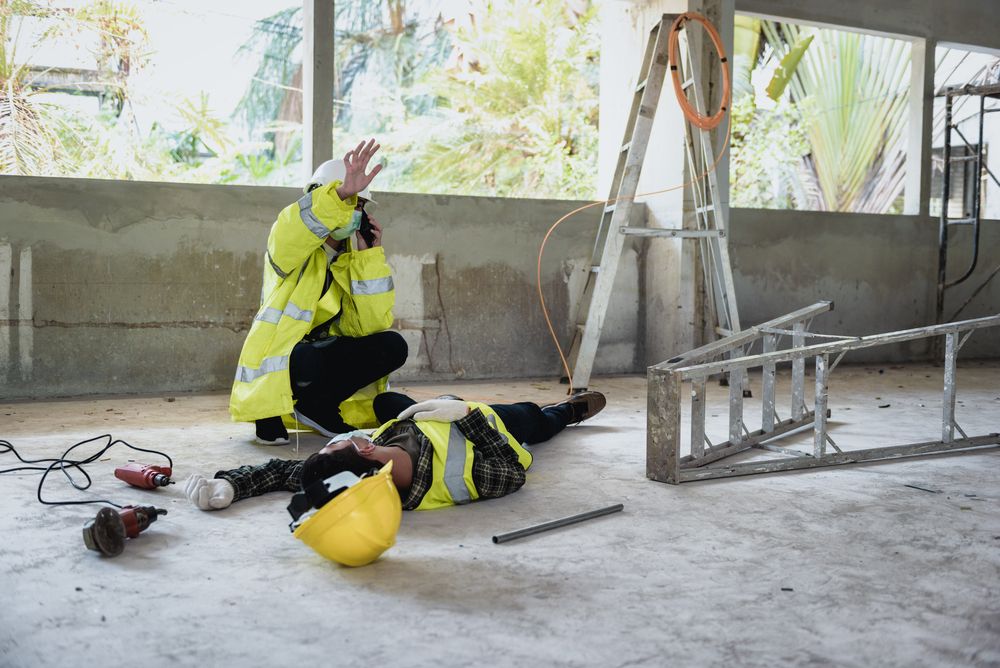 a construction worker on the phone reporting an injury of another employee