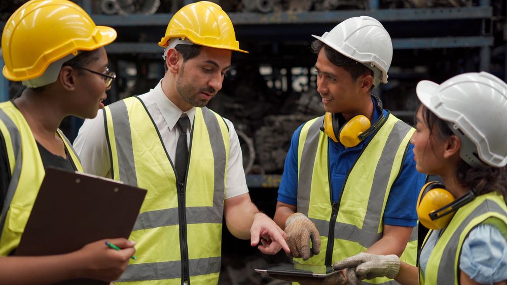 warehouse manager complimenting a team of employees on their hardwork
