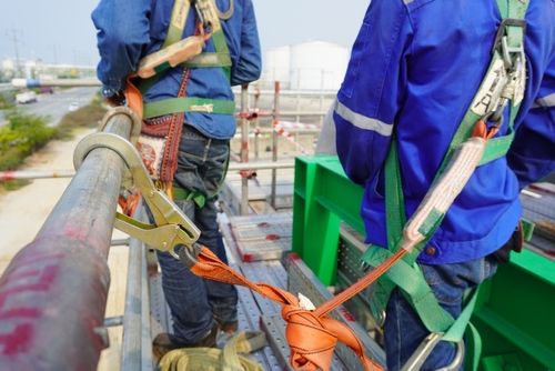 Hook Of Safety Harness On Scaffolding Working at Heights