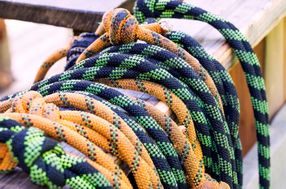 brightly coloured rope used by arborists for safety while working