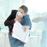 staff cover mouths while escaping fire