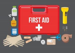 First aid contents displayed alongside first aid kit